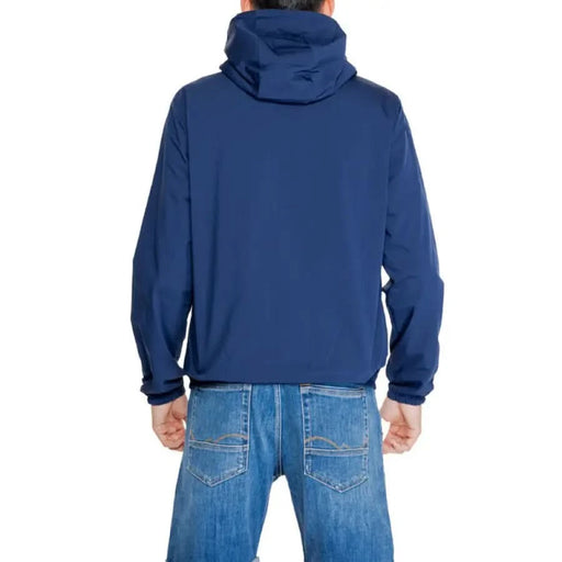 Navy blue hooded jacket shown from the back by Replay in men’s fashion collection