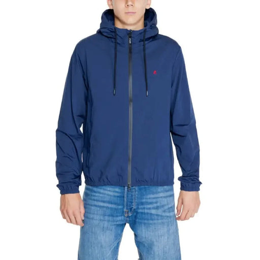 Navy blue hooded Replay Men Jacket with full-length zipper and red logo detail