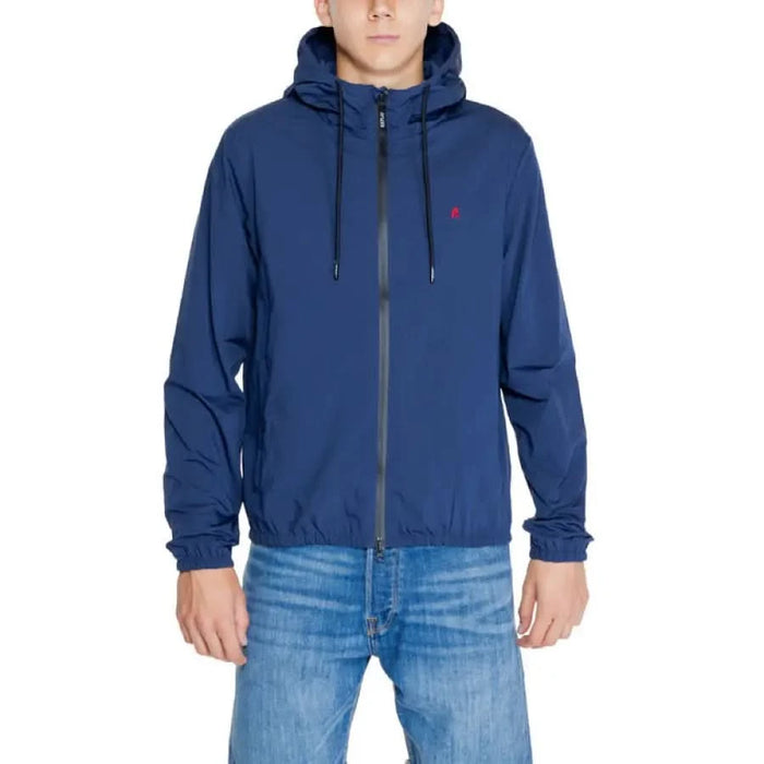 Navy blue hooded Replay Men Jacket with full-length zipper and red logo detail