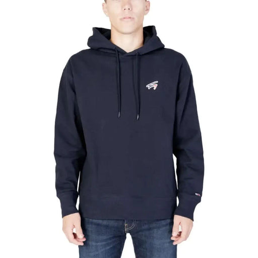 Navy blue hooded sweatshirt with chest logo from Tommy Hilfiger Jeans Men Sweatshirts collection