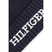 Navy blue knit beanie with Hilfiger text embroidered in white for men by Tommy Hilfiger