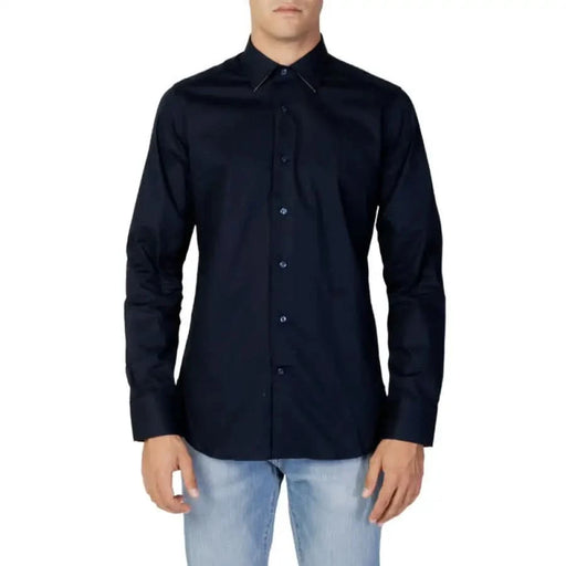 Navy Blue Long-Sleeved Button-Up Dress Shirt - Alviero Martini Prima Classe Men Shirt