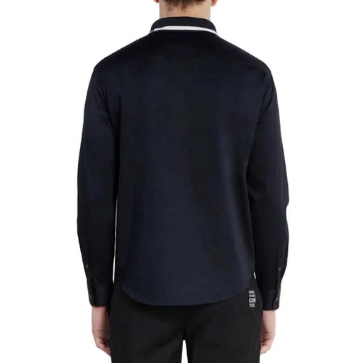 Navy blue long-sleeved shirt with white-trimmed collar by Armani Exchange, back view