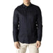 Armani Exchange Men Shirt in navy blue, long-sleeved, button-up style over khaki pants