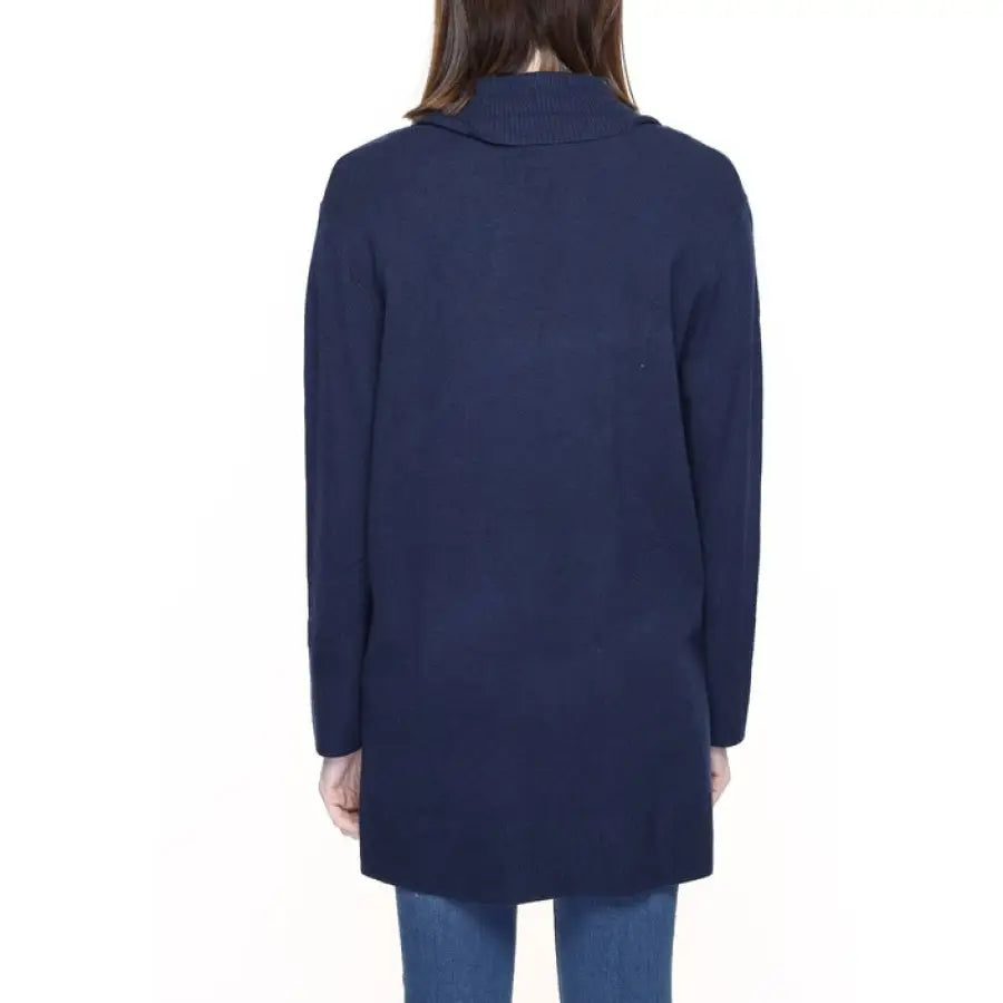 Street One Women’s Navy Blue Long-Sleeved Cardigan Sweater Coat Worn by a Person