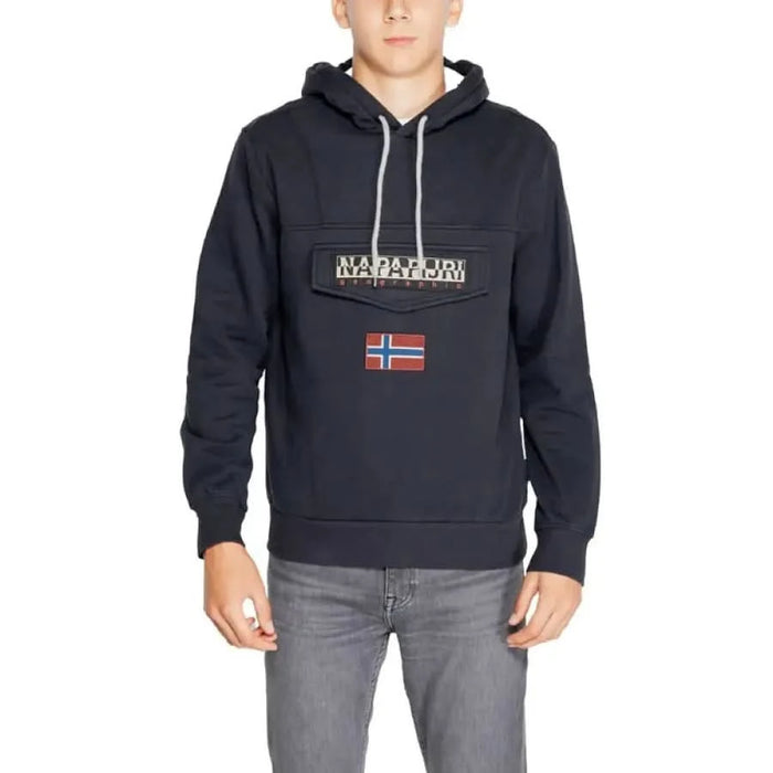 Navy blue Napapijri hoodie featuring logo and Norwegian flag emblem, men’s sweatshirt