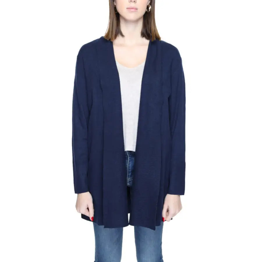 Street One - Women Navy Blue Open-Front Cardigan over White Top and Blue Jeans