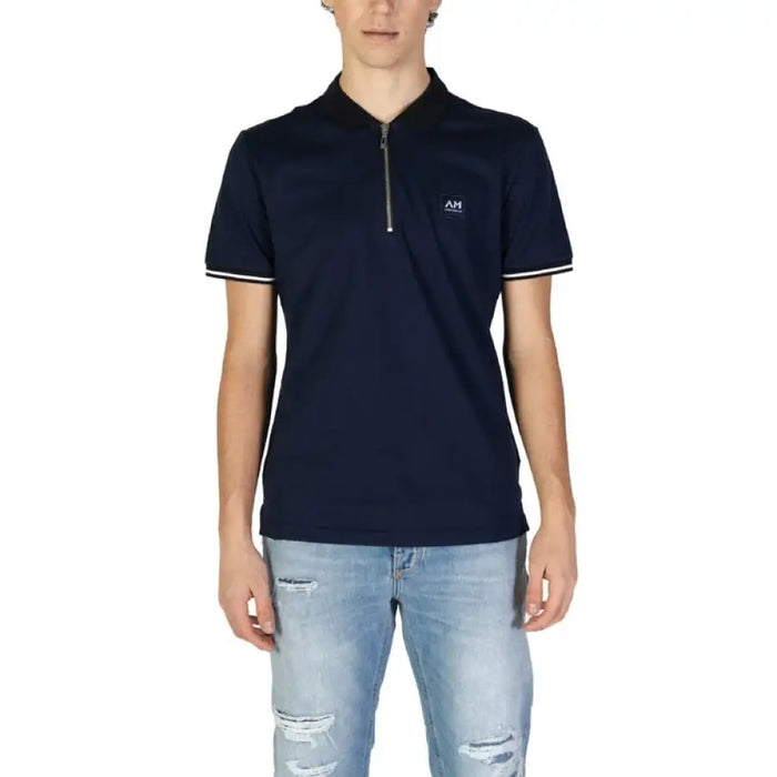 Navy blue cotton polo shirt with white trim and zip neckline by Antony Morato