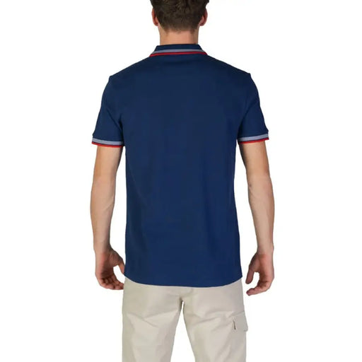 Navy blue Boss Men polo shirt with red and white striped collar and sleeve trim