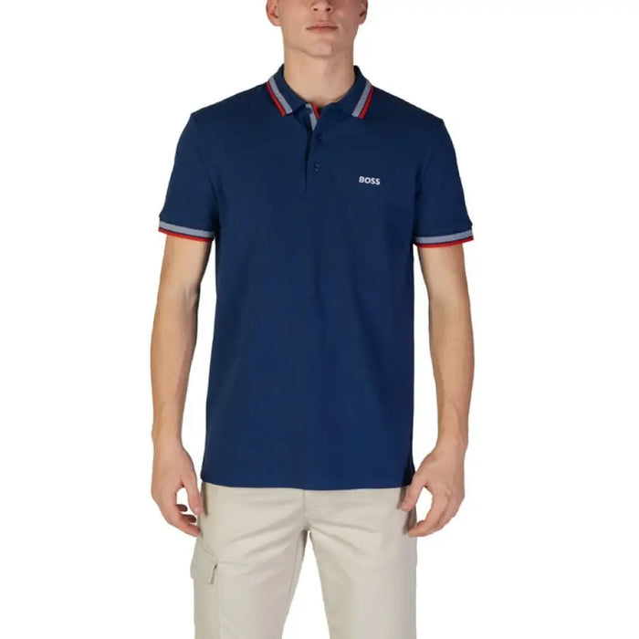 Navy blue BOSS polo shirt with red and white striped collar trim, 100% cotton