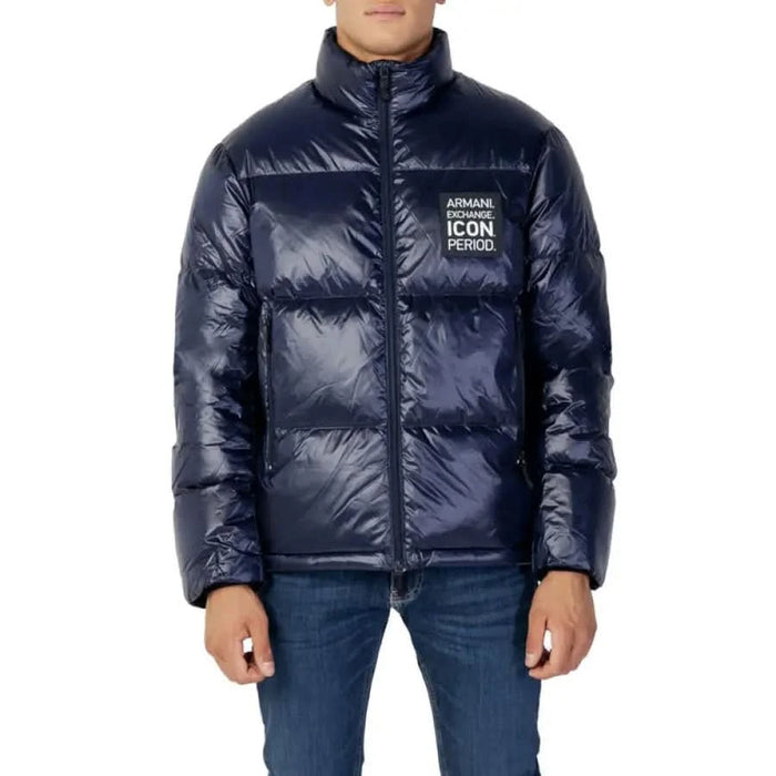 Navy blue puffer jacket with high collar and zipper from Armani Exchange Men Jacket