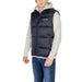 Navy blue puffer vest with gold logo over light gray hoodie from Napapijri Men Jacket