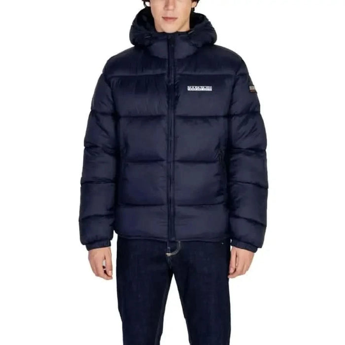 Navy blue puffy winter jacket with hood and zipper from Napapijri Men Jacket collection