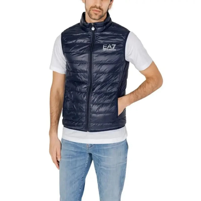 Navy blue quilted vest with EA7 logo over white t-shirt in EA7 Men Gilet product