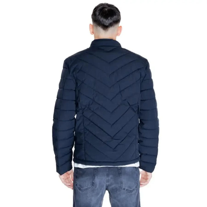 Navy blue quilted puffer jacket with chevron stitching by Guess Men Jacket