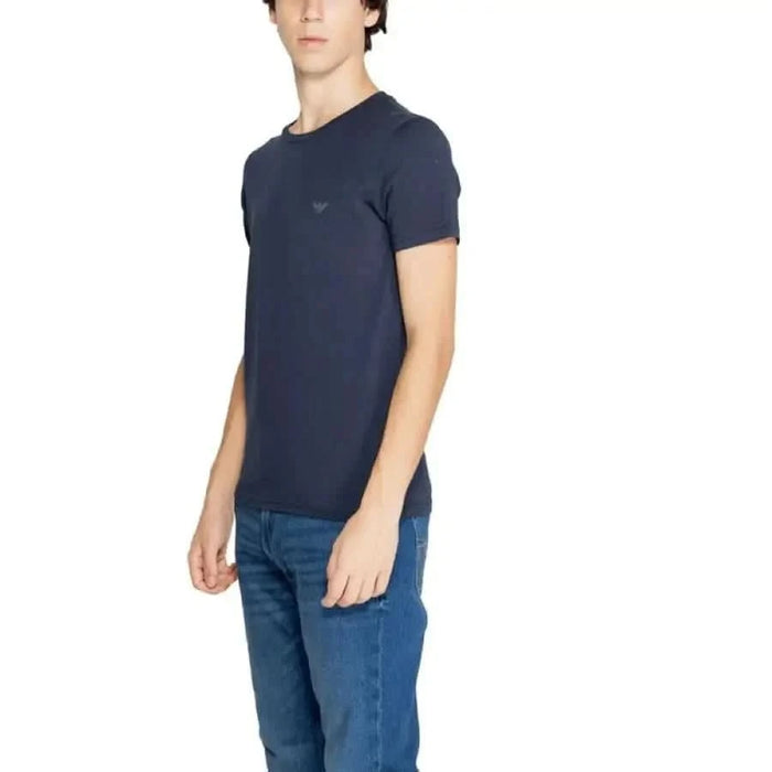 Navy blue short-sleeved t-shirt worn by model from Emporio Armani Underwear collection