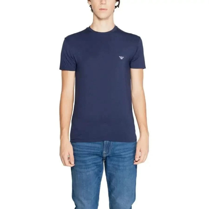 Navy blue short-sleeved t-shirt by Emporio Armani Underwear featuring small chest logo