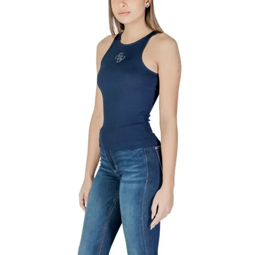 Navy blue sleeveless fitted tank top with logo detail from Guess Women’s collection