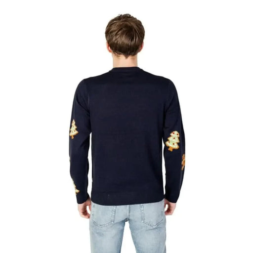 Navy blue sweater with decorative patches on sleeves from Only & Sons Men Knitwear