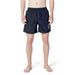 Navy blue swim shorts with AX branding on the leg from Armani Exchange Men Swimwear