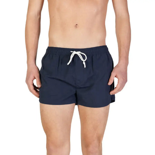 Navy blue Hamaki-ho men’s swim shorts with white drawstring waist 100% polyester