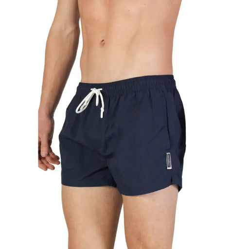 Navy blue Hamaki-ho men’s swim shorts with white drawstring and logo patch