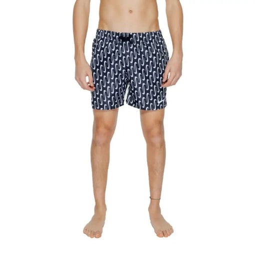 Navy blue swim shorts with white geometric pattern from Nike Swim Men Swimwear