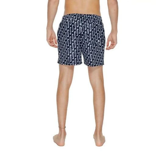 Navy blue swim shorts with white geometric pattern by Nike Swim for men