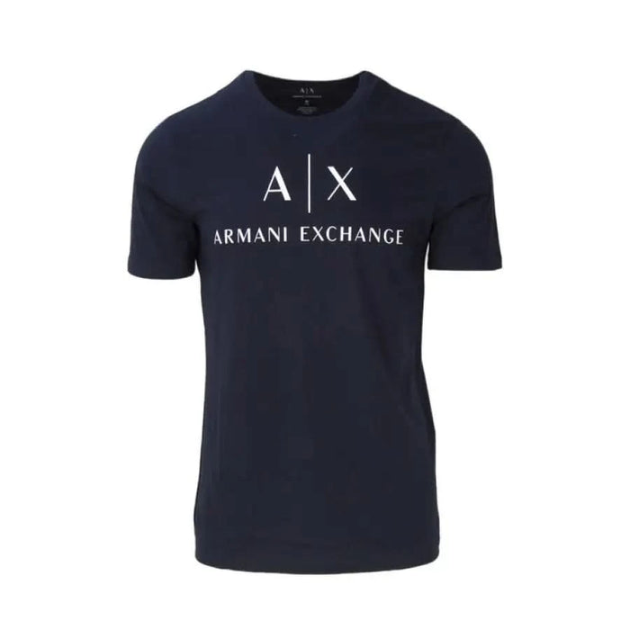 Navy blue Armani Exchange Men’s T-Shirt with white ’A|X ARMANI EXCHANGE’ logo on the front