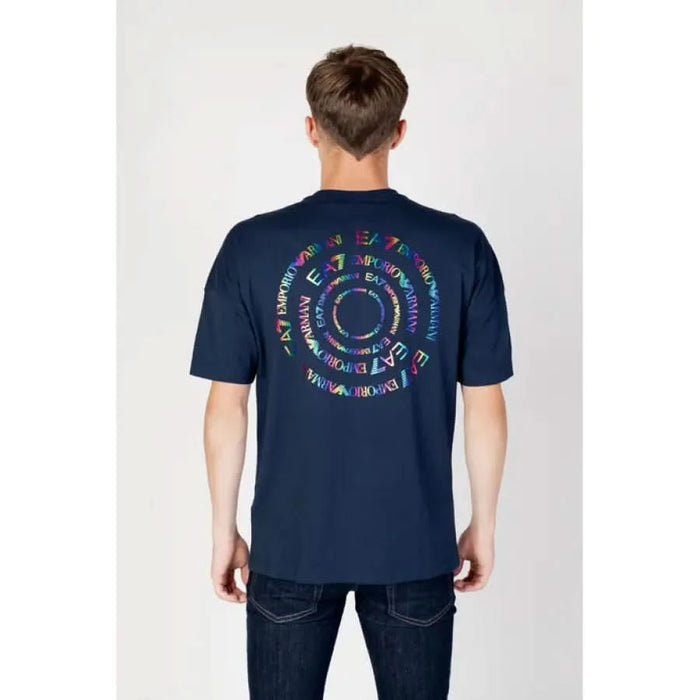 Navy blue Ea7 Men’s t-shirt with a colorful circular design on the back