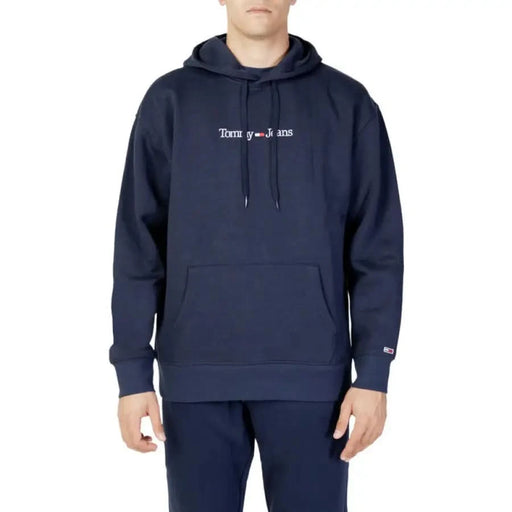 Navy blue Tommy Jeans hoodie with white embroidered logo from Tommy Hilfiger Jeans Men Sweatshirts