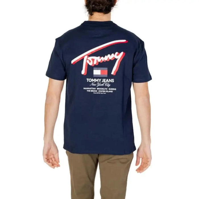 Navy blue Tommy Jeans t-shirt with brand logo and NYC boroughs print on the back