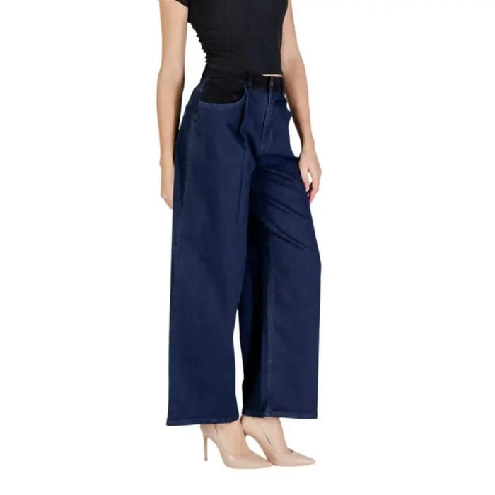 Navy blue wide-leg pants with tie waist detail from Ichi Women Trousers collection