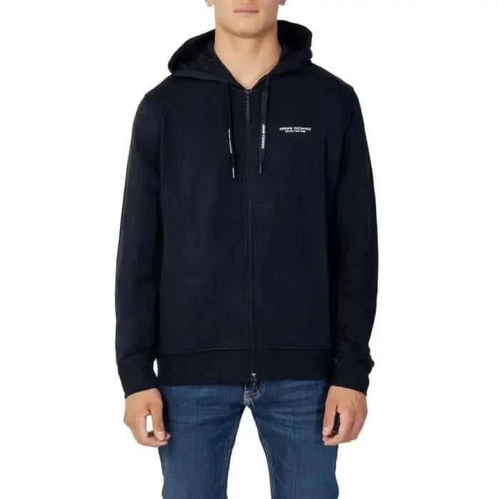 Navy blue zip-up hoodie with white logo, Armani Exchange Men Sweatshirts