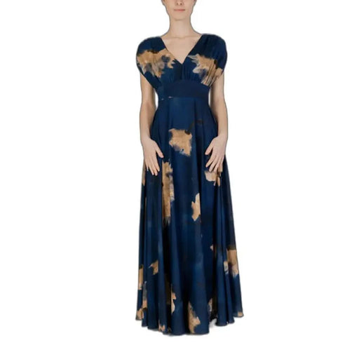 Navy and tan patterned maxi dress from Rinascimento Women’s collection