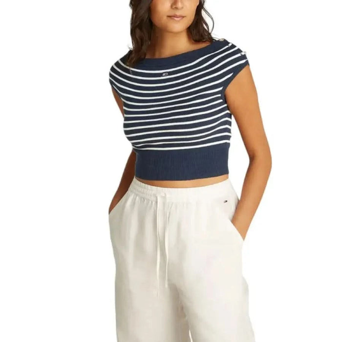 Navy and white striped sleeveless crop top with boat neckline by Tommy Hilfiger for women