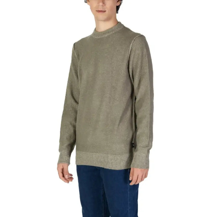 Olive-colored Gas Men Green Round Neck Knit Sweater with ribbed trim for men