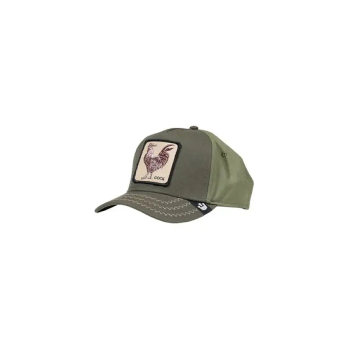 Olive green Goorin Bros wool baseball cap for men with rooster patch detail on front