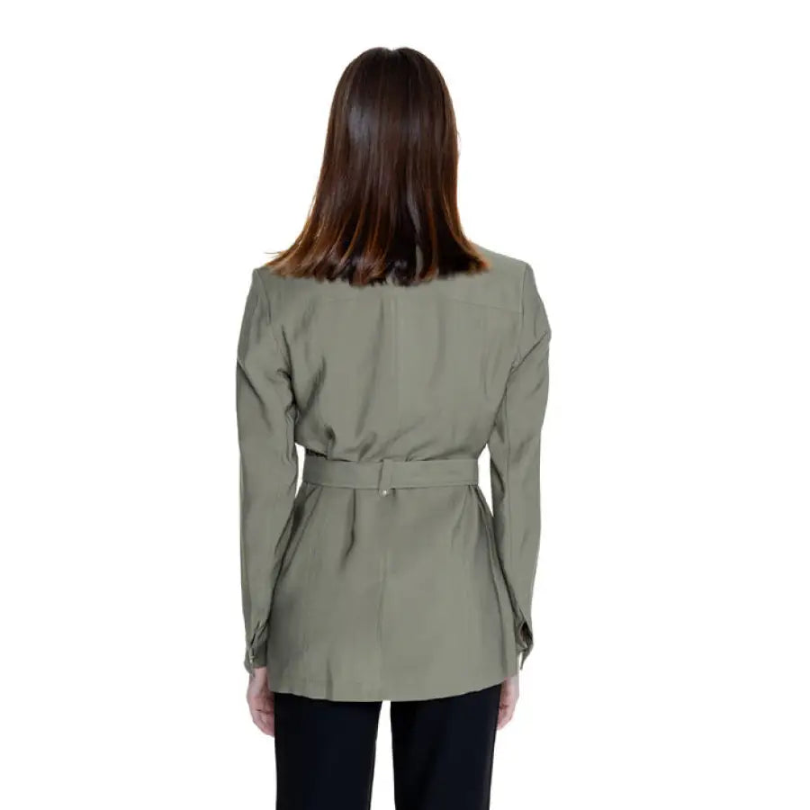 Olive green belted jacket worn by person with straight brown hair - Morgan De Toi Women Blazer