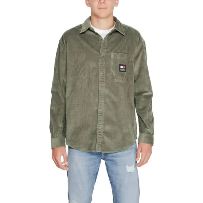 Olive green corduroy shirt with Tommy Hilfiger logo patch on chest pocket for men