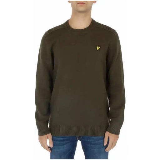 Olive green crew neck sweater with yellow logo from Lyle & Scott Men Knitwear