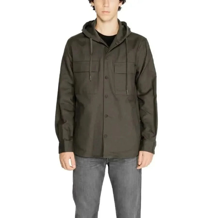 Olive green hooded jacket with front pockets and button closure by Antony Morato