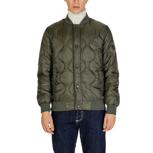 Olive green quilted bomber jacket with button closures and ribbed trim by Gianni Lupo