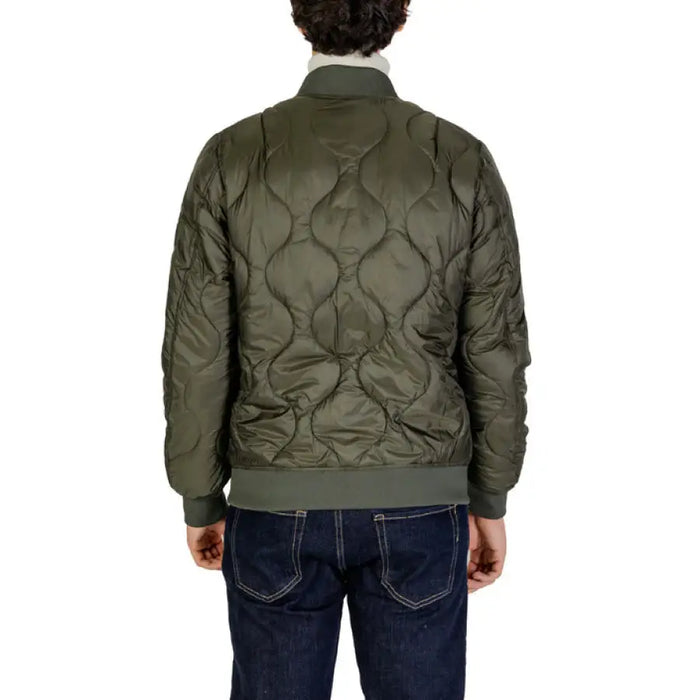 Olive green quilted bomber jacket viewed from the back by Gianni Lupo