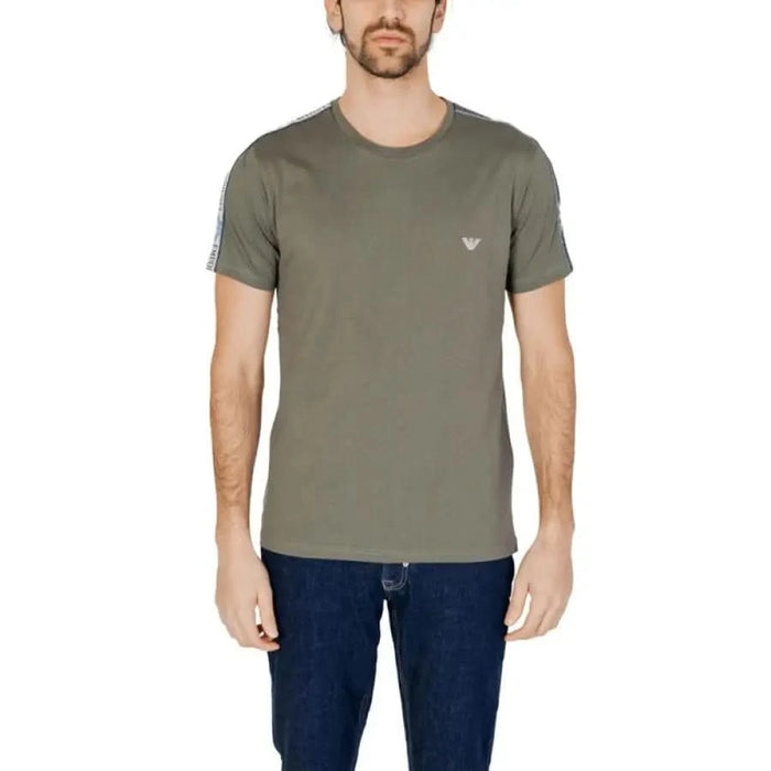 Olive green Emporio Armani men t-shirt featuring a small logo on the chest