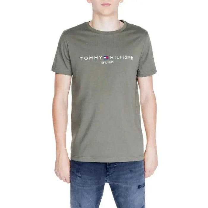 Olive green Tommy Hilfiger men’s t-shirt featuring white logo text design