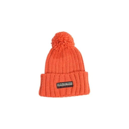 Orange knit winter beanie with pom-pom and brand label from Napapijri Men’s Cape