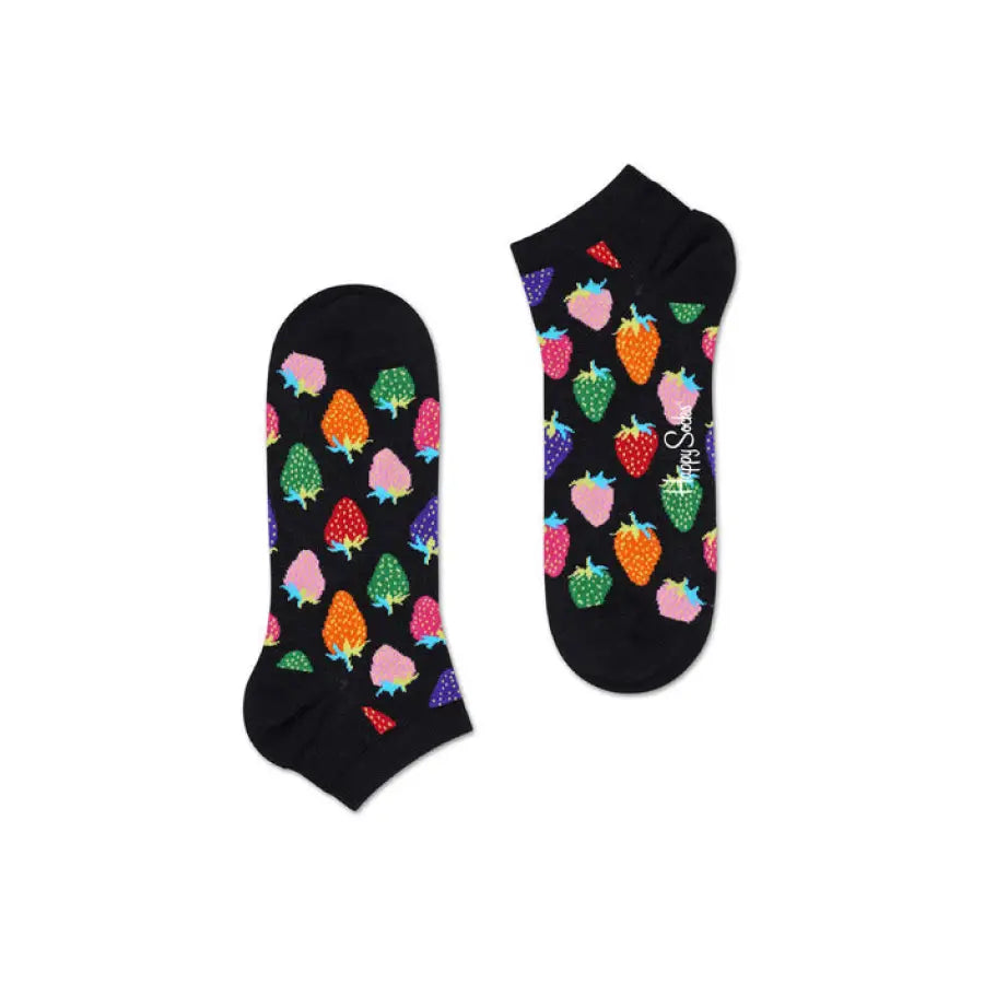 Black ankle socks with vibrant strawberry patterns from Happy Socks Women Underwear