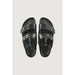 Black Birkenstock-style sandals for men featuring two adjustable straps