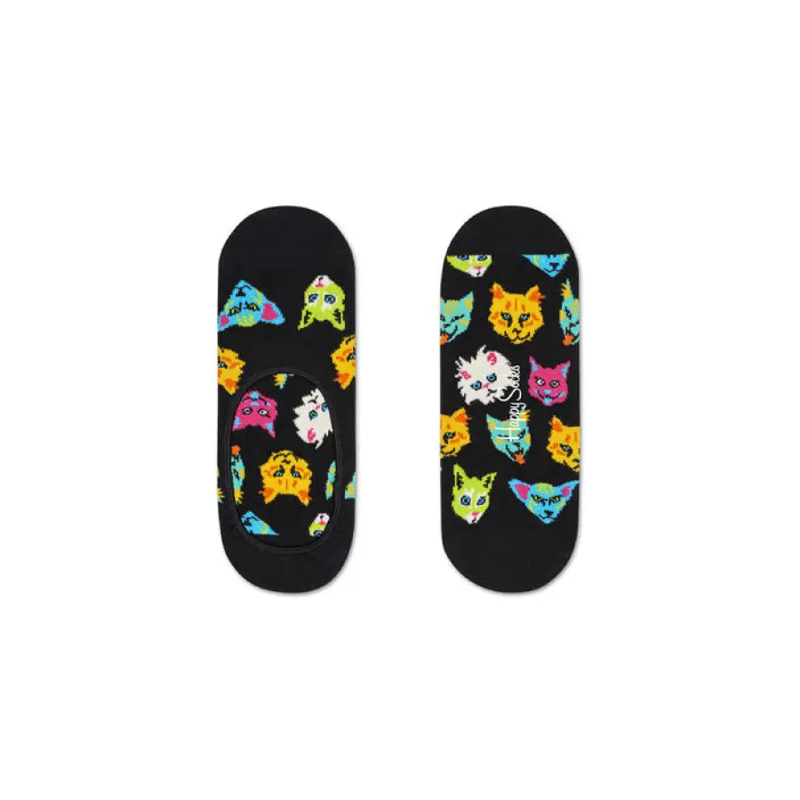 Black no-show socks with colorful cartoon cat faces, Happy Socks Women Underwear